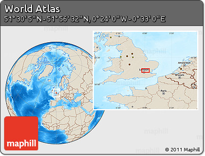 Shaded Relief Location Map of the Area around 51° 43' 18" N, 0° 4' 30" E