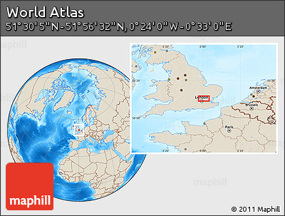 Shaded Relief Location Map of the Area around 51° 43' 18" N, 0° 4' 30" E