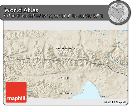 Shaded Relief 3D Map of the Area around 51° 43' 18" N, 100° 22' 30" E