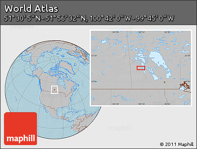 Gray Location Map of the Area around 51° 43' 18" N, 100° 13' 29" W, hill shading