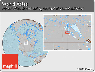 Gray Location Map of the Area around 51° 43' 18" N, 100° 13' 29" W, hill shading