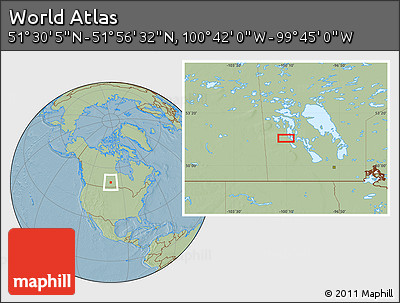Savanna Style Location Map of the Area around 51° 43' 18" N, 100° 13' 29" W, hill shading