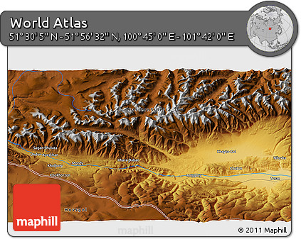 Physical 3D Map of the Area around 51° 43' 18" N, 101° 13' 29" E
