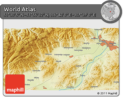 Physical 3D Map of the Area around 51° 43' 18" N, 107° 10' 30" E