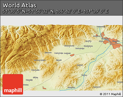 Physical 3D Map of the Area around 51° 43' 18" N, 107° 10' 30" E