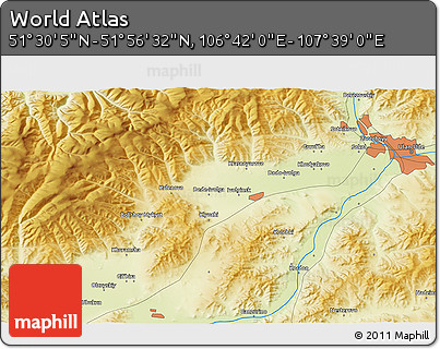 Physical 3D Map of the Area around 51° 43' 18" N, 107° 10' 30" E