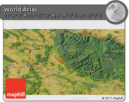 Satellite 3D Map of the Area around 51° 43' 18" N, 10° 16' 30" E