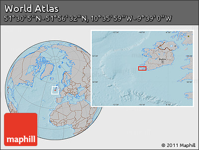 Gray Location Map of the Area around 51° 43' 18" N, 10° 7' 30" W, hill shading