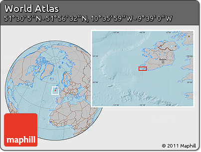 Gray Location Map of the Area around 51° 43' 18" N, 10° 7' 30" W, hill shading