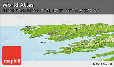 Physical Panoramic Map of the Area around 51° 43' 18" N, 10° 7' 30" W