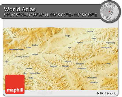 Physical 3D Map of the Area around 51° 43' 18" N, 117° 22' 30" E