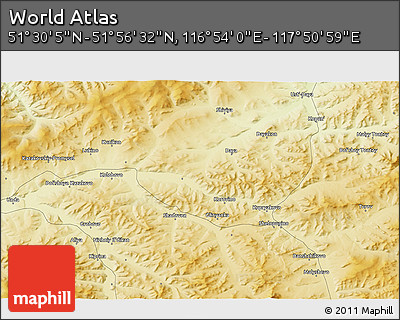 Physical 3D Map of the Area around 51° 43' 18" N, 117° 22' 30" E