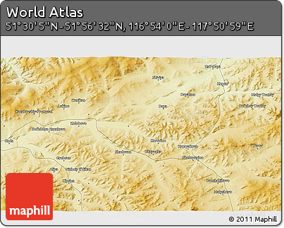 Physical 3D Map of the Area around 51° 43' 18" N, 117° 22' 30" E