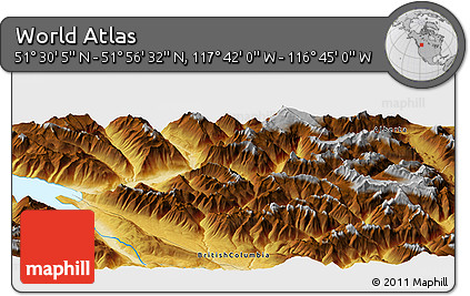 Physical Panoramic Map of the Area around 51° 43' 18" N, 117° 13' 29" W
