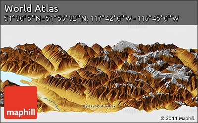 Physical Panoramic Map of the Area around 51° 43' 18" N, 117° 13' 29" W