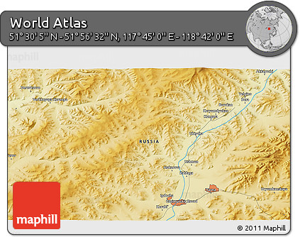 Physical 3D Map of the Area around 51° 43' 18" N, 118° 13' 29" E