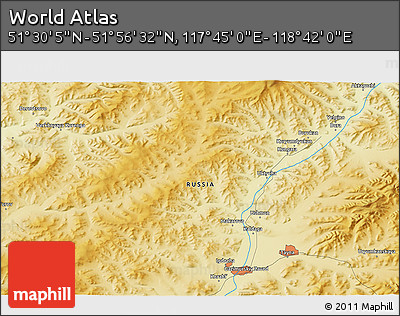 Physical 3D Map of the Area around 51° 43' 18" N, 118° 13' 29" E