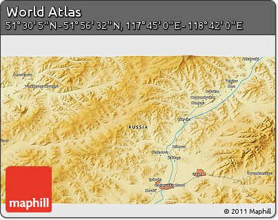 Physical 3D Map of the Area around 51° 43' 18" N, 118° 13' 29" E