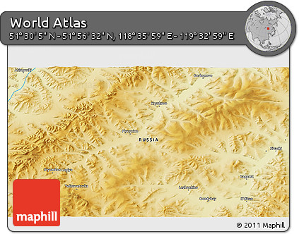 Physical 3D Map of the Area around 51° 43' 18" N, 119° 4' 29" E