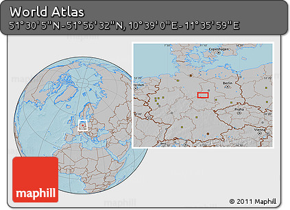 Gray Location Map of the Area around 51° 43' 18" N, 11° 7' 30" E, hill shading