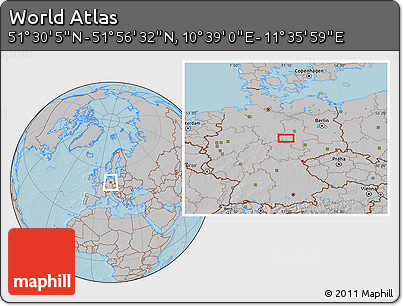 Gray Location Map of the Area around 51° 43' 18" N, 11° 7' 30" E, hill shading
