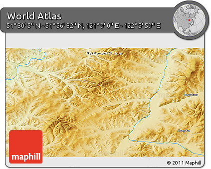 Physical 3D Map of the Area around 51° 43' 18" N, 121° 37' 30" E