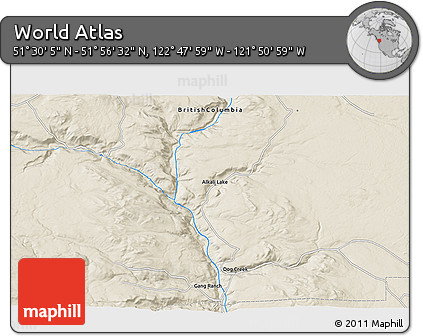 Shaded Relief 3D Map of the Area around 51° 43' 18" N, 122° 19' 29" W