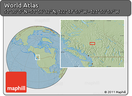 Savanna Style Location Map of the Area around 51° 43' 18" N, 122° 19' 29" W, hill shading
