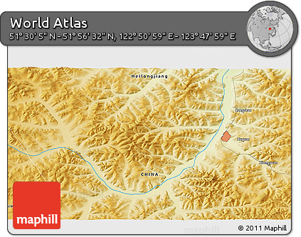 Physical 3D Map of the Area around 51° 43' 18" N, 123° 19' 29" E