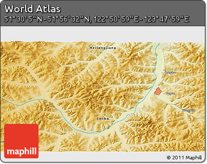 Physical 3D Map of the Area around 51° 43' 18" N, 123° 19' 29" E
