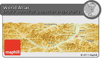 Physical Panoramic Map of the Area around 51° 43' 18" N, 123° 19' 29" E