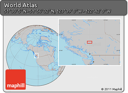 Gray Location Map of the Area around 51° 43' 18" N, 123° 10' 30" W