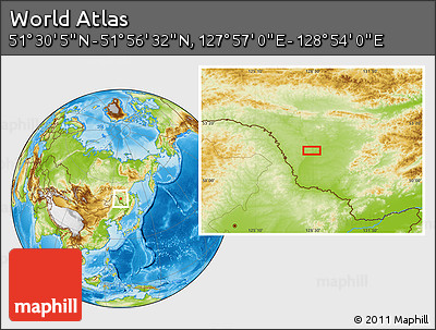 Physical Location Map of the Area around 51° 43' 18" N, 128° 25' 30" E
