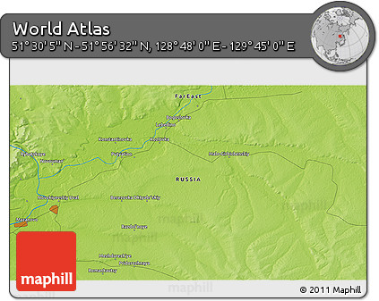 Physical 3D Map of the Area around 51° 43' 18" N, 129° 16' 30" E