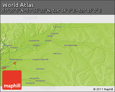 Physical 3D Map of the Area around 51° 43' 18" N, 129° 16' 30" E