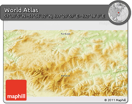 Physical 3D Map of the Area around 51° 43' 18" N, 131° 49' 29" E