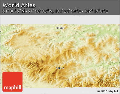 Physical 3D Map of the Area around 51° 43' 18" N, 131° 49' 29" E