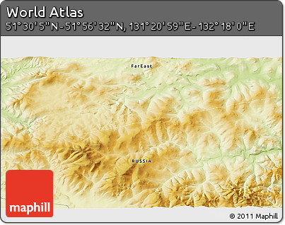 Physical 3D Map of the Area around 51° 43' 18" N, 131° 49' 29" E
