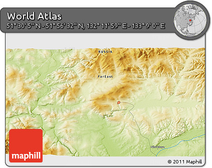Physical 3D Map of the Area around 51° 43' 18" N, 132° 40' 30" E