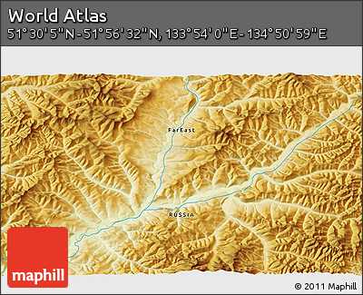 Physical 3D Map of the Area around 51° 43' 18" N, 134° 22' 30" E
