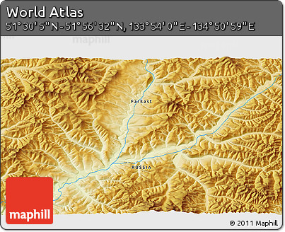 Physical 3D Map of the Area around 51° 43' 18" N, 134° 22' 30" E