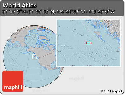 Gray Location Map of the Area around 51° 43' 18" N, 134° 13' 29" W, hill shading