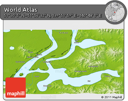 Physical 3D Map of the Area around 51° 43' 18" N, 140° 19' 29" E