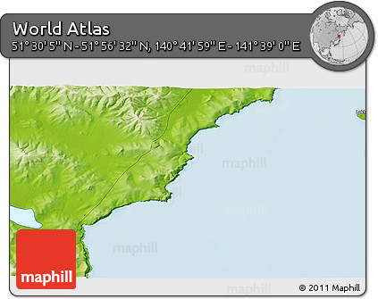 Physical 3D Map of the Area around 51° 43' 18" N, 141° 10' 30" E