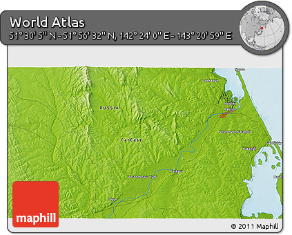 Physical 3D Map of the Area around 51° 43' 18" N, 142° 52' 30" E