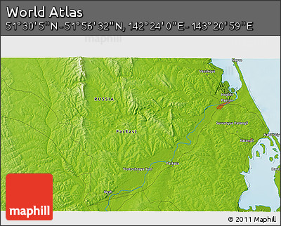 Physical 3D Map of the Area around 51° 43' 18" N, 142° 52' 30" E