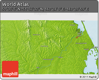Physical 3D Map of the Area around 51° 43' 18" N, 142° 52' 30" E