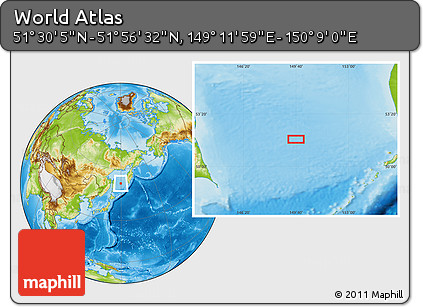 Physical Location Map of the Area around 51° 43' 18" N, 149° 40' 30" E