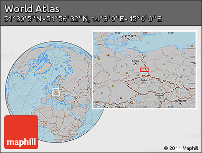 Gray Location Map of the Area around 51° 43' 18" N, 14° 31' 30" E, hill shading