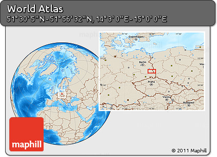 Shaded Relief Location Map of the Area around 51° 43' 18" N, 14° 31' 30" E